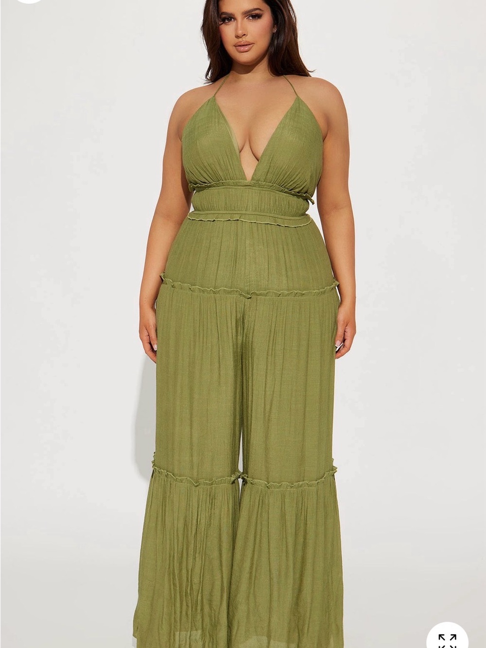 Fashion Nova Olive Halter Plunge Wide-Leg Jumpsuit